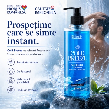 Gel de duș Klintensiv Cold Breeze, aromă fresh răcoritoare, spumă fină, efect emolient și protector, cu D-Panthenol, Zinc PCA și glicerină, peste 94% ingrediente biodegradabile, 400 ml, 4x Stickere - Img 4