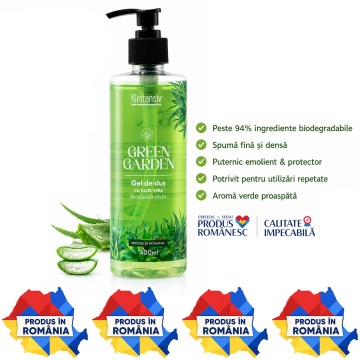 Gel de duș Klintensiv Green Garden, aromă verde proaspătă, cu Aloe Vera, D-Panthenol și Zinc PCA, spumă fină, efect emolient și protector, peste 94% ingrediente biodegradabile, 400 ml, 4x Stickere