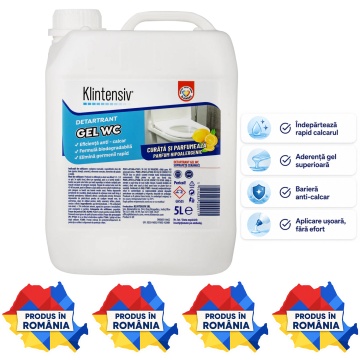 Gel detartrant WC și suprafețe ceramice Klintensiv, anticalcar profesional, textură gel, aderență pe suprafețe verticale, pentru baie, gresie, faianță, ceramică, cabine duș și inox rezistent, 5 L, 4x Stickere