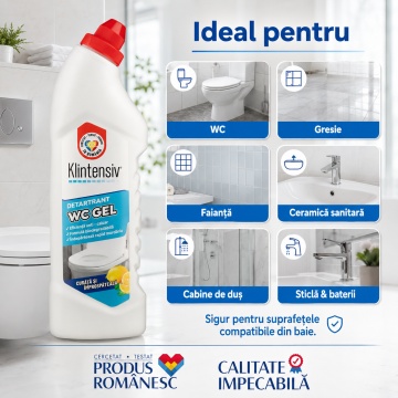 Gel detartrant WC și suprafețe ceramice Klintensiv, anticalcar profesional, textură gel, aderență pe suprafețe verticale, pentru baie, gresie, faianță, ceramică, cabine duș și inox rezistent, 750 ml, 4x Stickere - Img 4