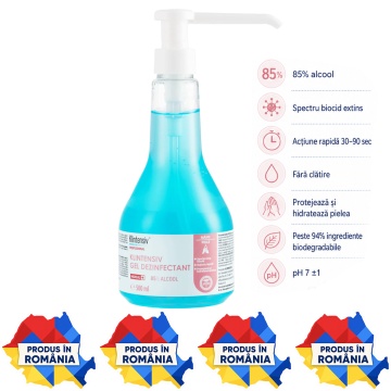 Gel dezinfectant mâini Klintensiv cu pompiță, profesional, 85% etanol, dezinfectare igienică rapidă, fără clătire, pentru recepții, birouri, săli și puncte de acces, 500 ml, 4x Stickere