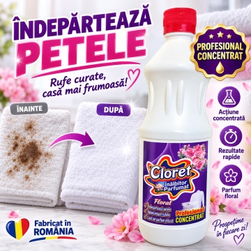Înălbitor Parfumat Floral Cloret, Profesional Concentrat pentru Rufe Albe și Igienizarea Băii, Îndepărtează Petele și Murdăria, Parfum Floral, 1 L - Img 4