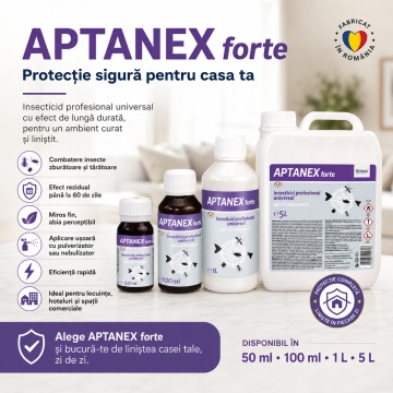 Insecticid concentrat APTANEX, pentru interior, apartamente, hoteluri și zone comerciale, efect rezidual până la 60 zile, aplicare cu pulverizator sau nebulizator, 1 L, 4x Stickere - Img 3