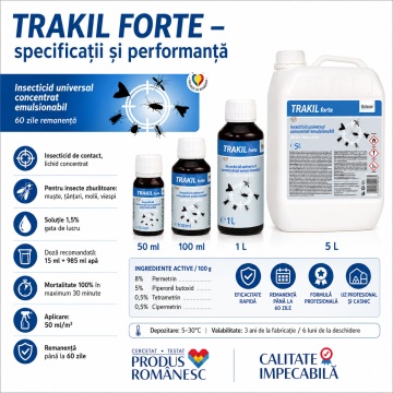 Insecticid concentrat TRAKIL FORTE, soluție profesională pentru combaterea muștelor, țânțarilor, moliilor și viespilor, spații publice și private, canistră 5 L, 4x Stickere - Img 5