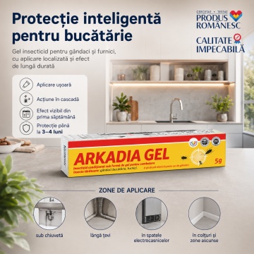 Insecticid gel profesional ARKADIA GEL, pentru gândaci și furnici, efect în cascadă, acțiune de până la 3-4 luni, aplicare precisă, 5 g, 4x Stickere - Img 3