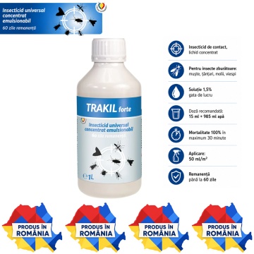 Insecticid profesional concentrat TRAKIL FORTE, pentru insecte zburătoare, pulverizare interior și exterior, mortalitate 100% în maximum 30 minute, 1 L, 4x Stickere