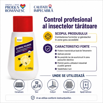 Insecticid pulbere GLORIOL, pentru insecte târâtoare, furnici și gândaci, cu Tetrametrin 2%, aplicare prin pudrare, pentru zone greu accesibile, canalizare, țevi, panouri electrice și exterior, 150 g, 4x Stickere - Img 5