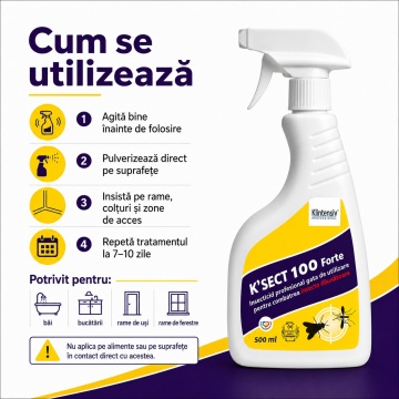 Insecticid spray K-Sect 100 Forte, gata de utilizare, pentru insecte zburatoare dăunătoare, insecticid, acaricid și control artropode, cu Cipermetrin, Piperonil butoxid și Tetrametrin, 500 ml, 4x Stickere - Img 5