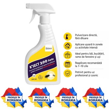 Insecticid spray K-Sect 200 Forte, pentru insecte târâtoare, gândaci, furnici, purici, căpușe și alte artropode, gata de utilizare, cu Cipermetrin, Piperonil butoxid și Tetrametrin, 500 ml, 4x Stickere