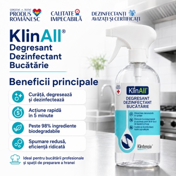 KlinAll Degresant Dezinfectant Bucătărie Klintensiv, curăță, degresează și dezinfectează în 5 minute, biodegradabil peste 98%, pentru HoReCa și uz profesional, 500 ml, 4x Stickere - Img 3