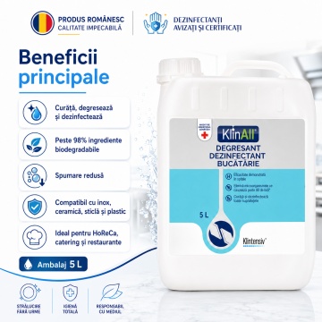 KlinAll Degresant Dezinfectant Bucătărie Klintensiv, curăță, degresează și dezinfectează în 5 minute, biodegradabil peste 98%, pentru HoReCa și uz profesional, 5 L, 4x Stickere - Img 3