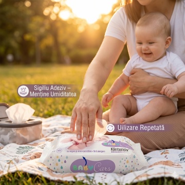 Klintensiv Baby șervețele umede biodegradabile, cu apă micelară, argan și aloe, pentru bebeluși și copii, curățare blândă și hidratare, testate dermatologic, fabricate în România, 40 bucăți, 4x Stickere - Img 6