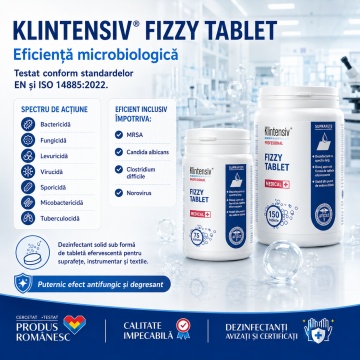 Klintensiv Fizzy Tablet dezinfectant efervescent multifuncțional, TP2, pentru suprafețe, pavimente, textile și obiecte sanitare, bactericid, fungicid, virucid și sporicid, aviz biocid, 40 tablete, 4x Stickere - Img 3