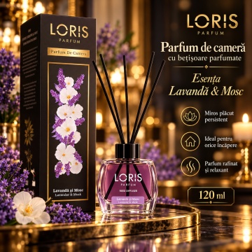 Loris Parfum Lavandă & Mosc 120 ml – Odorizant de Cameră cu Bețișoare Parfumate