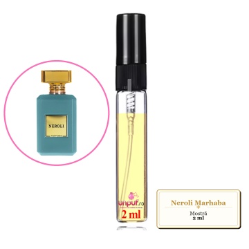 Mostra fiola din Neroli Marhaba, decant sticla cu pulverizator