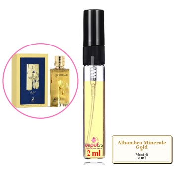 Mostra fiola din Parfumul Alhambra Minerale Gold, decant sticla cu pulverizator