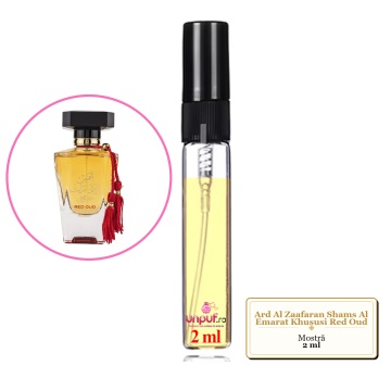 Mostra fiola din Parfumul Ard Al Zaafaran Shams Al Emarat Khususi Red Oud, decant sticla cu pulverizator