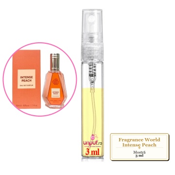 Mostra fiola din Parfumul Fragrance World Intense Peach, decant sticla cu pulverizator - Img 1