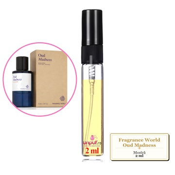 Mostra fiola din Parfumul Fragrance World Oud Madness, decant sticla cu pulverizator