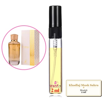 Mostra fiola din Parfumul Khadlaj Musk Sahra, decant sticla cu pulverizator