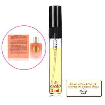 Mostra fiola din Parfumul Khadlaj Peach Velvet, Extract De Parfum Dama, decant sticla cu pulverizator