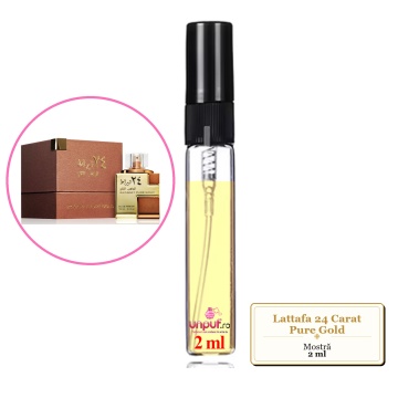 Mostra fiola din Parfumul Lattafa 24 Carat Pure Gold, decant sticla cu pulverizator