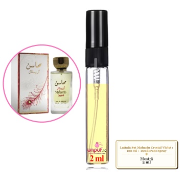 Mostra fiola din Parfumul Lattafa Set Mahasin Crystal Violet : 100 Ml + Deodorant Spray, decant sticla cu pulverizator - Img 1
