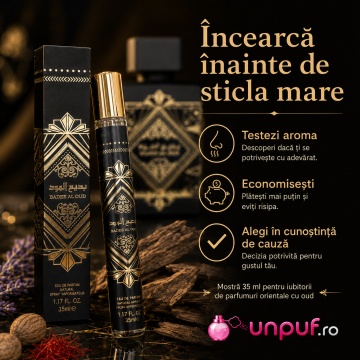 Mostră fiolă parfum Badee Al Oud Oud For Glory Lattafa, 35 ml, Eau de Parfum unisex, aromă intensă de oud, șofran, lavandă, patchouli și mosc - Img 4