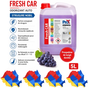Odorizant auto PRO X Fresh CAR Strugure Nobil, aromă energizantă de strugure, parfum persistent pentru interior auto, 5 L, 4x Stickere