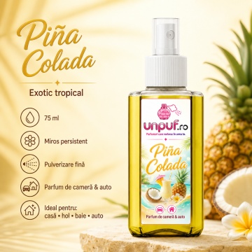 Odorizant auto si casa Unpuf Pina Colada, cu pulverizator, aroma exotica tropicala de ananas si cocos, improspatare aer si parfum de durata, 75 ml