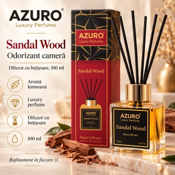 Odorizant Cameră Azuro Sandal Wood Luxury Perfume, Difuzor cu Bețișoare, Aromă Lemnoasă, Parfum Ambiental, 100 ml