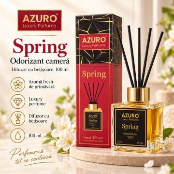 Odorizant Cameră Azuro Spring Luxury Perfume, Difuzor cu Bețișoare, Parfum Ambiental Proaspăt, 100 ml