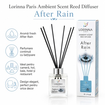 Odorizant de camera cu betisoare Lorinna Paris Ambient Scent Reed Diffuser, After Rain, aroma fresh si revigoranta, pentru living, dormitor, baie si hol, 50 ml