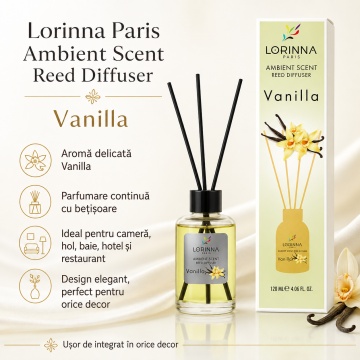 Odorizant de camera cu betisoare Lorinna Paris Ambient Scent Reed Diffuser, Vanilya, aroma dulce si catifelata, pentru living, dormitor, baie si hol, 120 ml