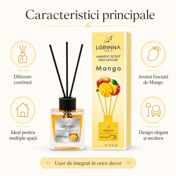Odorizant de camera cu betisoare Lorinna Paris Ambient Scent Reed Diffuser, Mango, aroma fructata si tropicala, pentru living, dormitor, baie si hol, 50 ml - Img 5