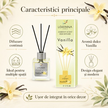 Odorizant de camera cu betisoare Lorinna Paris Ambient Scent Reed Diffuser, Vanilya, aroma dulce si catifelata, pentru living, dormitor, baie si hol, 50 ml - Img 5