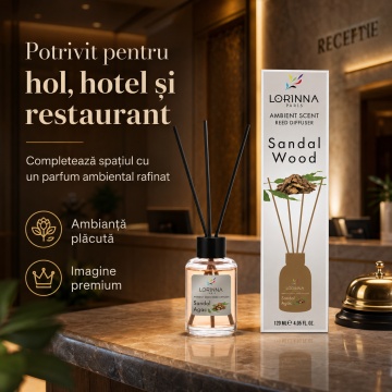 Odorizant de camera cu betisoare Lorinna Paris Ambient Scent Reed Diffuser, Sandal Wood, aroma calda si lemnoasa, pentru living, dormitor, hotel si birou, 120 ml - Img 5