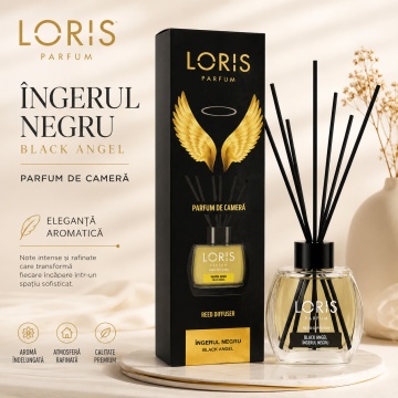 Odorizant de Cameră cu Bețișoare Parfumate Loris Îngerul Negru, 120 ml, Esență Black Angel, Miros Elegant și Persistent