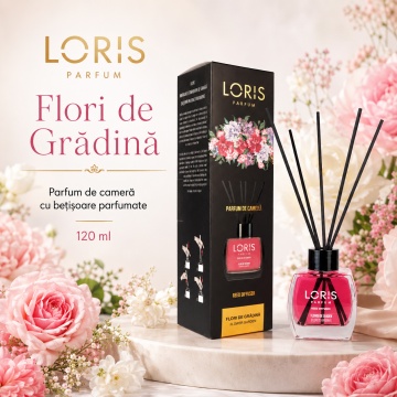 Odorizant de Cameră cu Bețișoare Parfumate Loris Parfum Flori de Grădină, 120 ml, Esență Florală, Miros Plăcut și Persistent