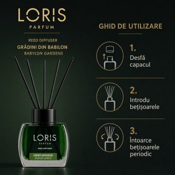 Odorizant de Cameră cu Bețișoare Parfumate Loris Parfum Grădini din Babilon, 120 ml, Esență Babylon Gardens, Miros Elegant și Persistent - Img 7
