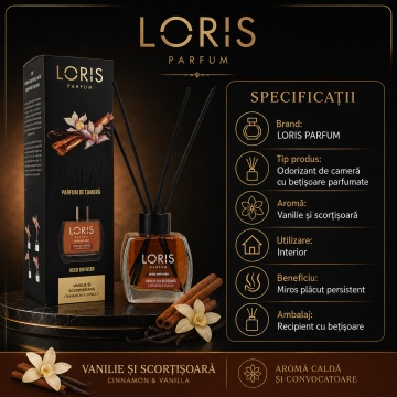 Odorizant de Cameră cu Bețișoare Parfumate Loris Parfum Vanilie și Scorțișoară, 120 ml, Esență Caldă și Condimentată, Miros Plăcut și Persistent - Img 2