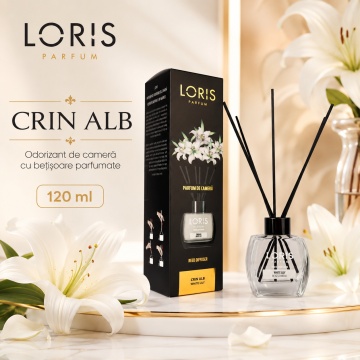 Odorizant de Cameră cu Bețișoare Parfumate Loris Parfum White Lily, 120 ml, Esență Crin Alb, Miros Plăcut și Persistent