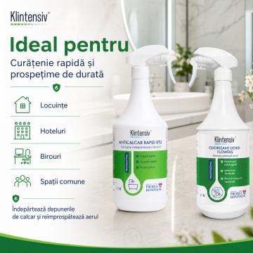 Pachet baie fara calcar Klintensiv Professional, Anticalcar Rapid RTU si odorizant profesional Flowers, curatare baie si parfum floral, 2 produse, 2x 1L, 4x Stickere - Img 6