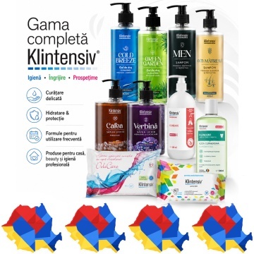 Pachet complet ingrijire barbati Klintensiv, sapunuri Cafea, Verbina si KlinSafe 500 ml, geluri Cold Breeze si Green Garden 400 ml, sampoane cu Zinc PCA si Anti-Matreata 400 ml, KLINDENT 500 ml si servetele, 10 produse, 4x Stickere