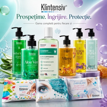 Pachet complet ingrijire Klintensiv, sapun Aloe Vera si Miere 500 ml, geluri Floral Sail si Silk Garden 400 ml, sampon Anti-Cadere 400 ml, KLINDENT 500 ml, servetele IntimCare, demachiante, hartie umeda si dezinfectante, 10 produse, 4x Stickere - Img 6