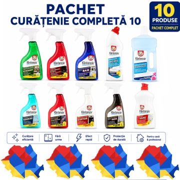 Pachet complet solutii curatenie Klintensiv HOME 10 Casa Completa, pentru bucatarie, baie, WC, geamuri, pardoseli, inox, cuptor si plita, 10 produse, 5,75 L, 4x Stickere