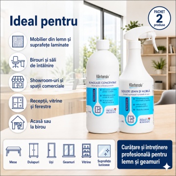 Pachet curatare mobilier si geamuri Klintensiv Professional, solutie pentru lemn si mobila, Klinglass Concentrat pentru sticla, 2 produse, 2x 1 L. 4x Stickere - Img 6