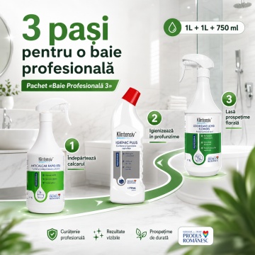 Pachet curatenie baie Klintensiv Professional Baie Profesionala 3, Anticalcar Rapid RTU, Igienic Plus cu clor si odorizant Flowers, 3 produse, 2.75 L, 4x Stickere - Img 6