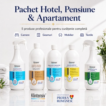 Pachet curatenie hotel pensiune si apartament Klintensiv Professional, MultiClin RTU, solutie mobila, Klinglass geamuri, KLINOCARPET HF si odorizant Flowers, 5 produse, 5 L, 4x Stickere - Img 6