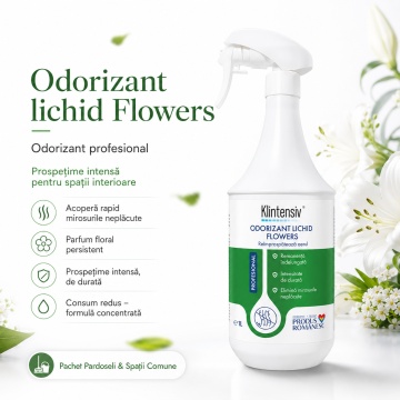 Pachet detergenti pardoseli si spatii comune Klintensiv Professional, KLINFLOOR DEGREASE, DAILY, SHINE, MultiClin RTU si odorizant Flowers, 5 produse, 5 L, 4x Stickere - Img 6